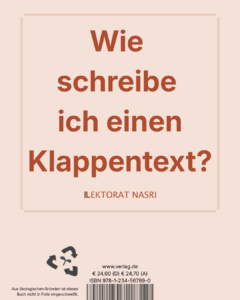 Wie schreibe ich einen Klappentext? Die Grafik ist so aufgebaut, dass sie der Rückseite eines Buches ähnelt, mit ISBN-Nummer, Preis und Strichcode