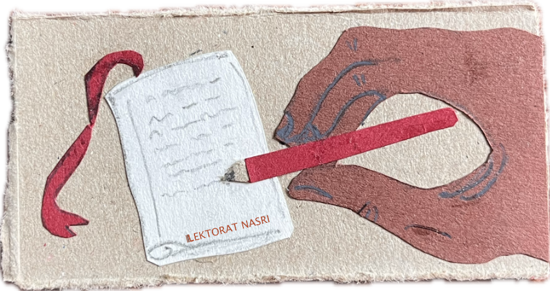 Eine Illustration, die zeigt, wie eine Hand einen Text schreibt.