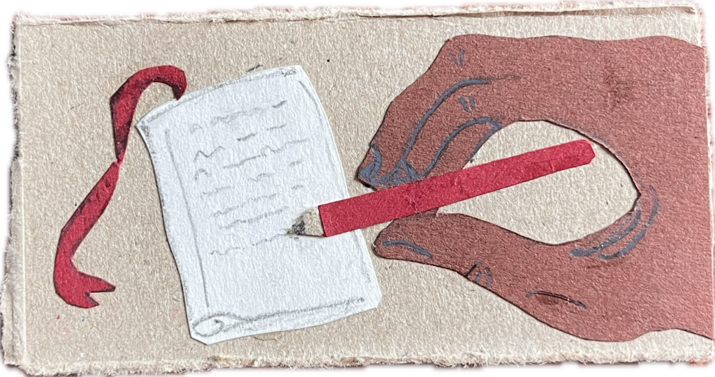 Eine Illustration, die zeigt, wie eine Hand einen Text schreibt.
