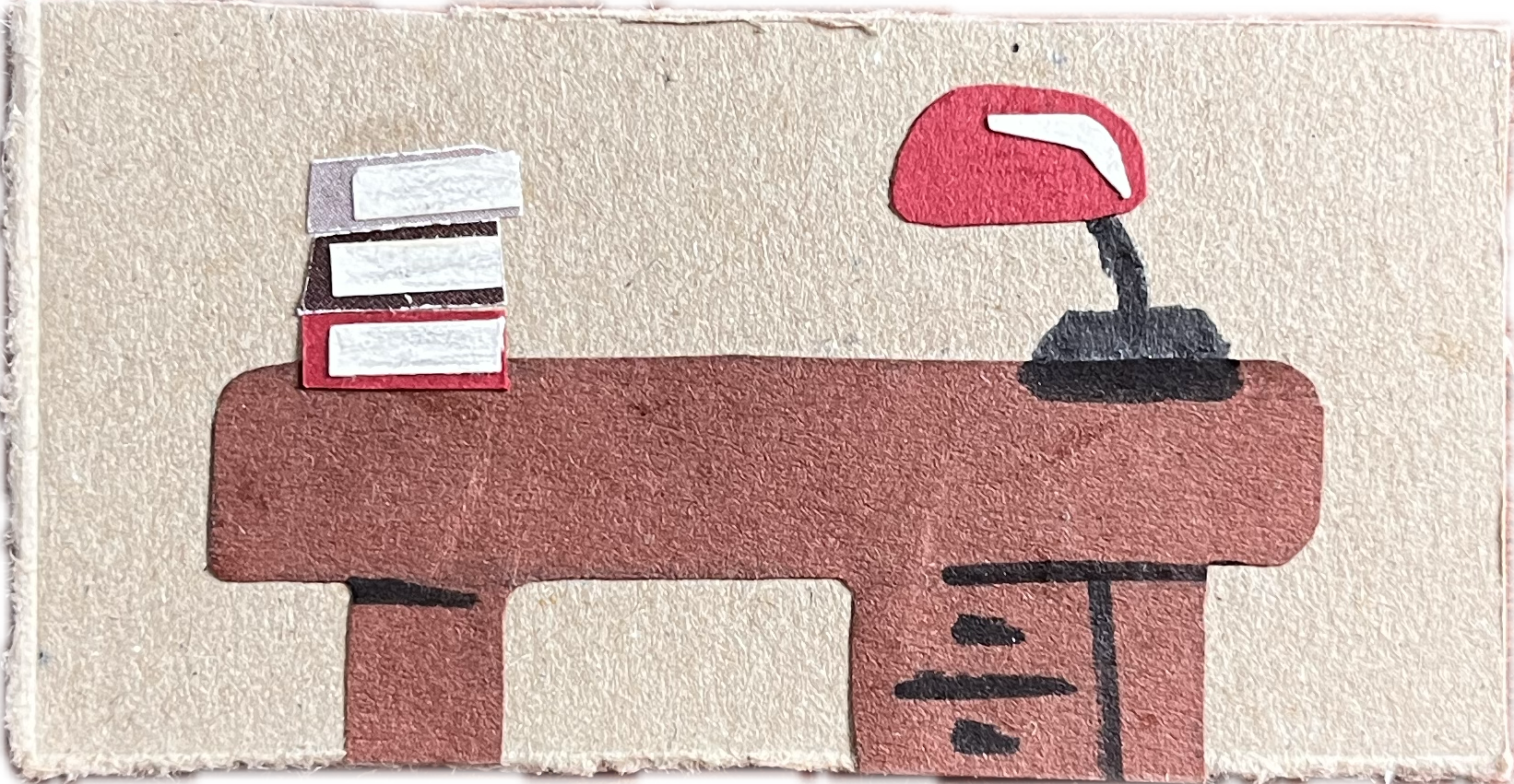 Eine Illustration, die einen Schreibtisch mit Bücherstapel und Lampe zeigt.